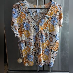 NWOT Nicole Miller 100% Linen Cap Slv Button Down Casual Blouse Sz Lg